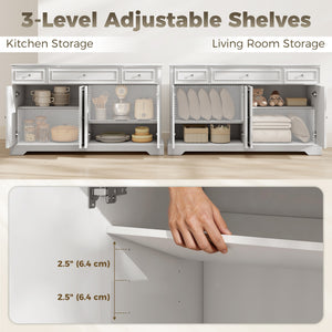 Buffet de rangement de cuisine avec portes à fermeture amortie, 3 tiroirs et 2 étagères réglables, blanc