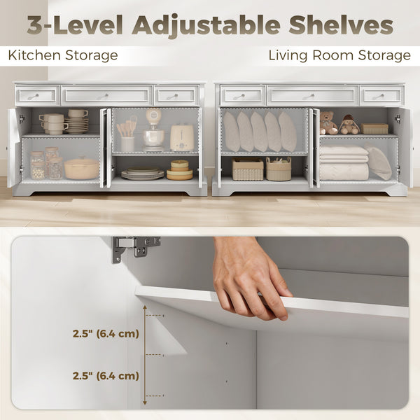 Buffet de rangement de cuisine avec portes à fermeture amortie, 3 tiroirs et 2 étagères réglables, blanc