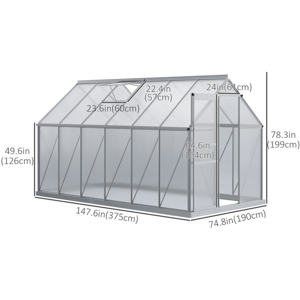 Polycarbonate greenhouse with adjustable roof ventilation and sliding door, transparent