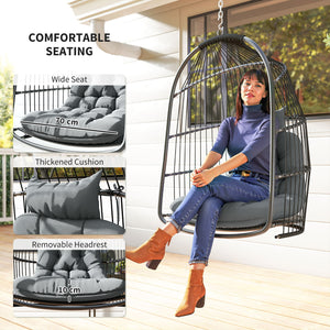 Hanging Egg Chair, Foldable Rattan Garden Swing Chair with Installation Kit, Thickened Cushion and Headrest, Dark Grey