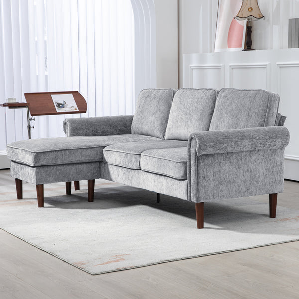 Canapé d'angle moderne avec méridienne amovible, pieds en bois, gris