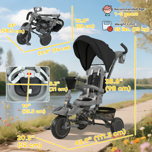 6 in 1 Toddler Tricycle for 1-5 Years Old with Push Handle, Removable Canopy, Swivel Seat, Black