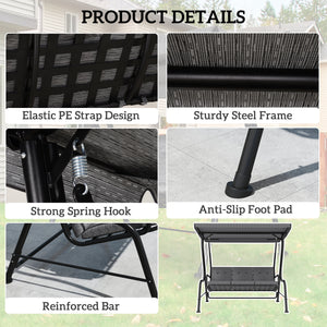 3-Person Porch Swing Chair, Patio Swing Bench with Adjustable Canopy, Removable Thicken Cushion, Black