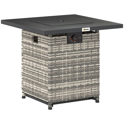 Outsunny 28" Propane Fire Pit Table, 40,000 BTU Rattan Gas Fire Pit Table with Rain Cover, Mesh Lid, Lava Rock, Grey Blend