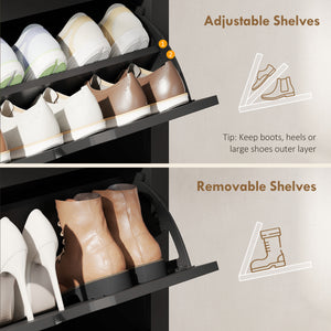Shoe cabinet with 3 hinged drawers and adjustable shelves for 12 to 18 pairs of shoes, black