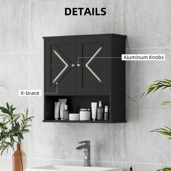 Armoire à pharmacie de salle de bain avec portes de grange et étagère réglable, noire