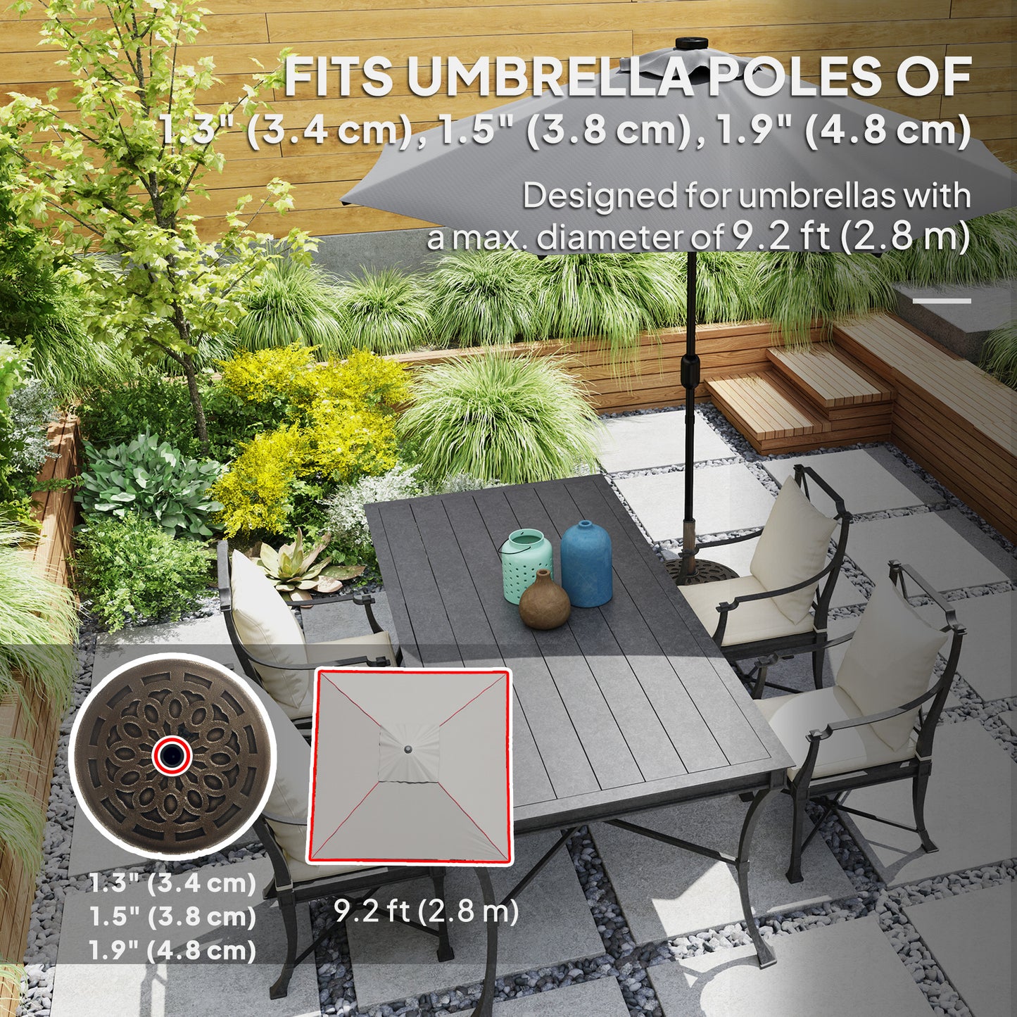 Pied de parasol rond avec roulettes en résine de 20 kg, robuste pour poteaux de 3,3 cm, 3,8 cm et 4,8 cm, bronze