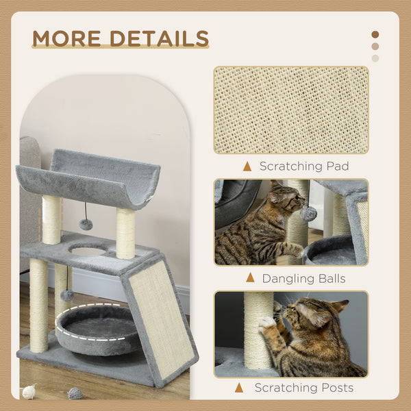 Small cat tree with perch, scratching posts, mat, bed and play balls, light gray