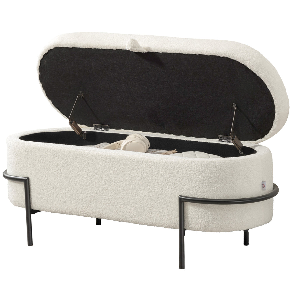 Pouf de rangement avec couvercle relevable et pieds en acier, blanc crème