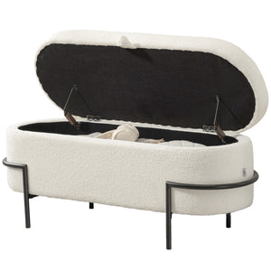 Pouf de rangement avec couvercle relevable et pieds en acier, blanc crème