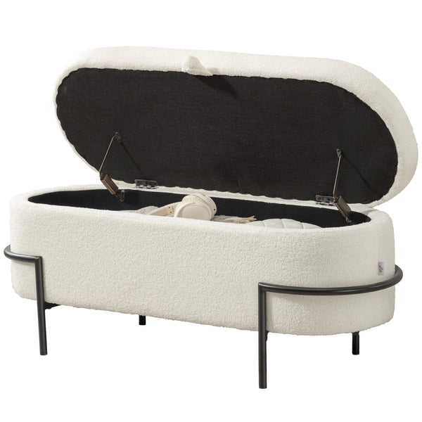 Pouf de rangement avec couvercle relevable et pieds en acier, blanc crème