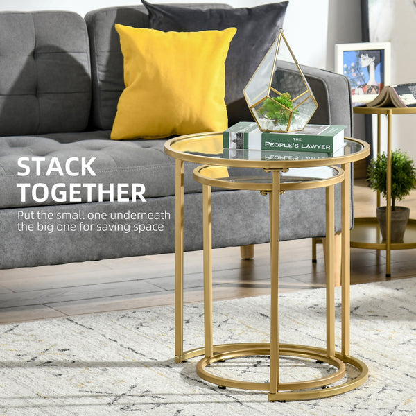 Lot de 2 tables d'appoints gigognes avec base en métal, doré