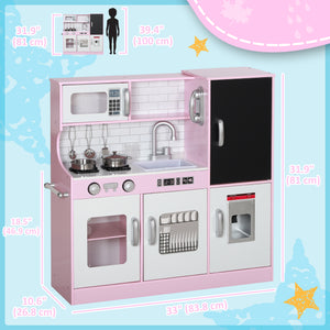 Cuisine enfant avec tableau noir, machine à glaçons, téléphone, évier et micro-ondes, rose