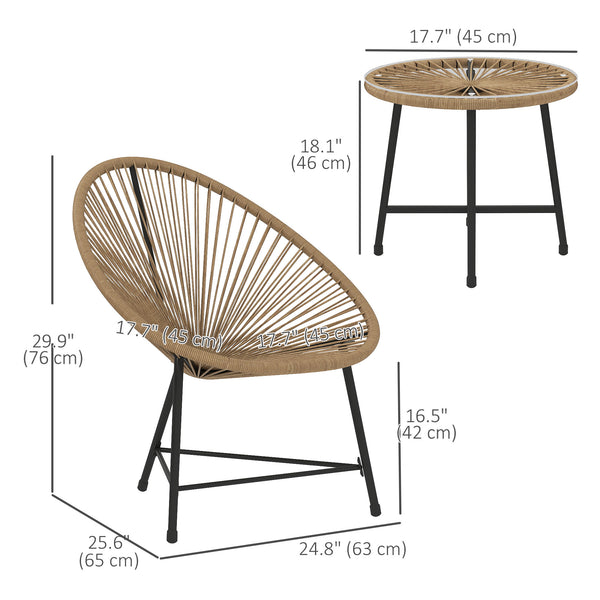 Outdoor Bistro Set, 3 Piece Wicker Patio Furniture Set with Acapulco Chairs and Glass-Top Table, Natural Wood