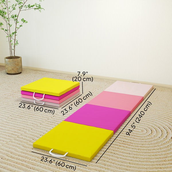 Tapis de gymnastique pliable de 2,4 m avec poignées de transport, jaune et rose