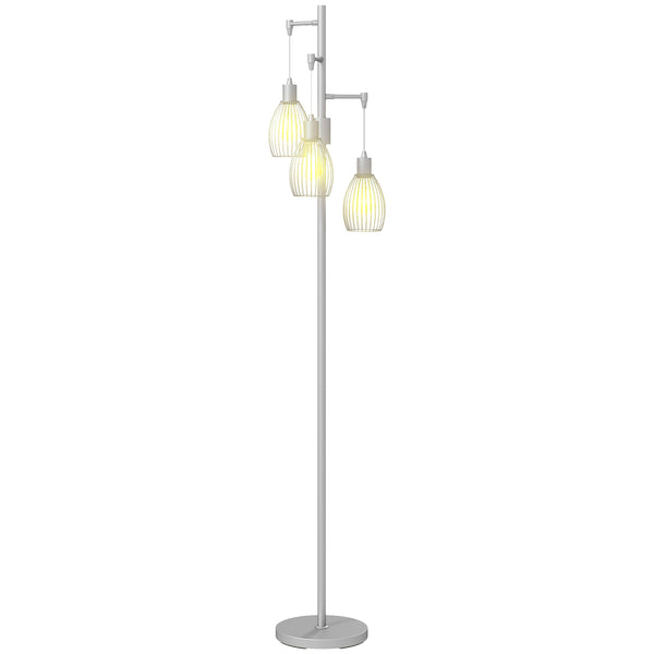 Lampadaire industriel avec 3 abat-jour suspendus, argent