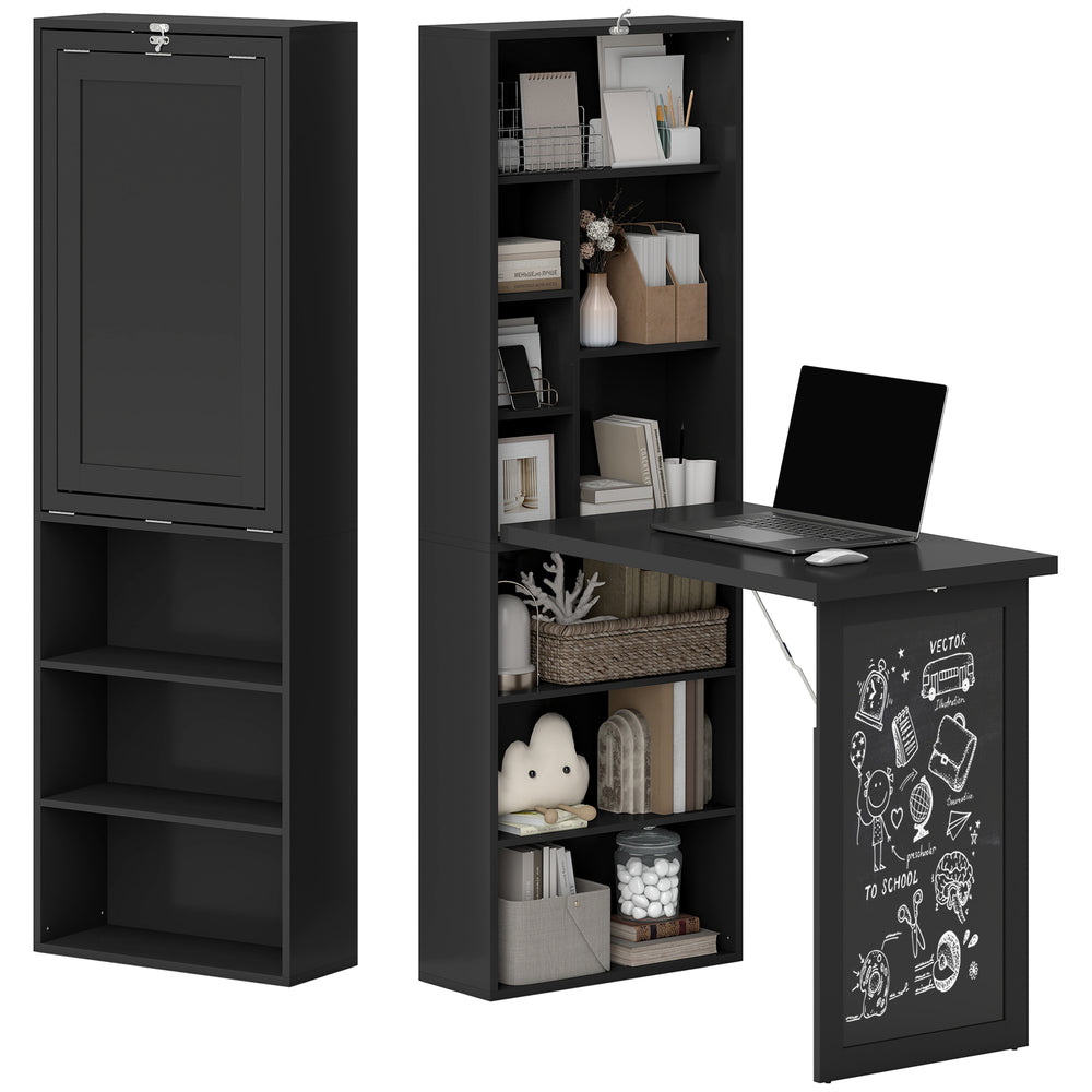 Fold-out Convertible Office Desk, Wall Mount Computer Desk with Blackboard and Side Shelf, Black
