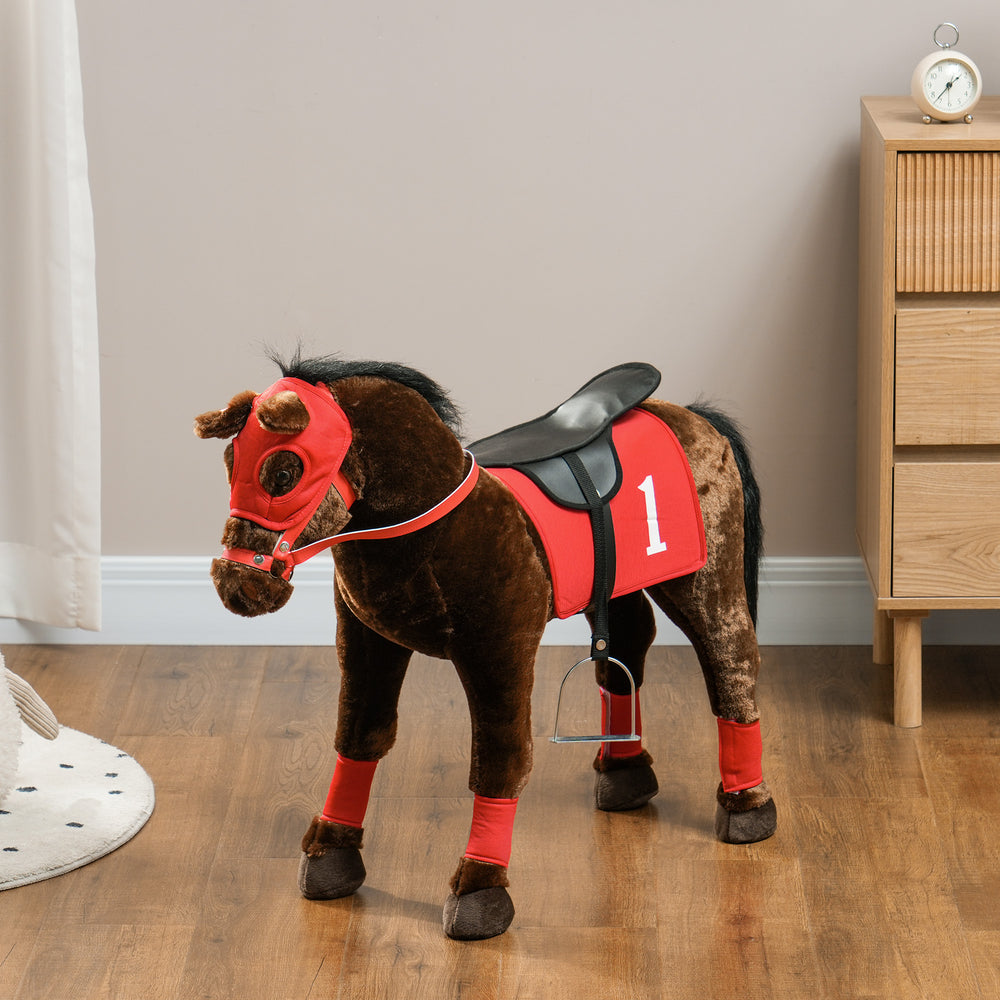 Cheval à monter avec hennissement, selle et étriers, marron