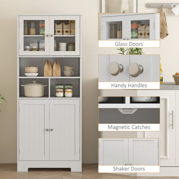 Garde-manger de cuisine avec portes vitrées, étagères réglables, compartiments ouverts, blanc