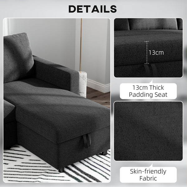 Convertible Corner Sofa Bed, Built-In Storage & 3 Removable Back Cushions, Black