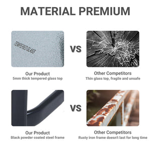 Table carrée de patio avec plateau en verre trempé