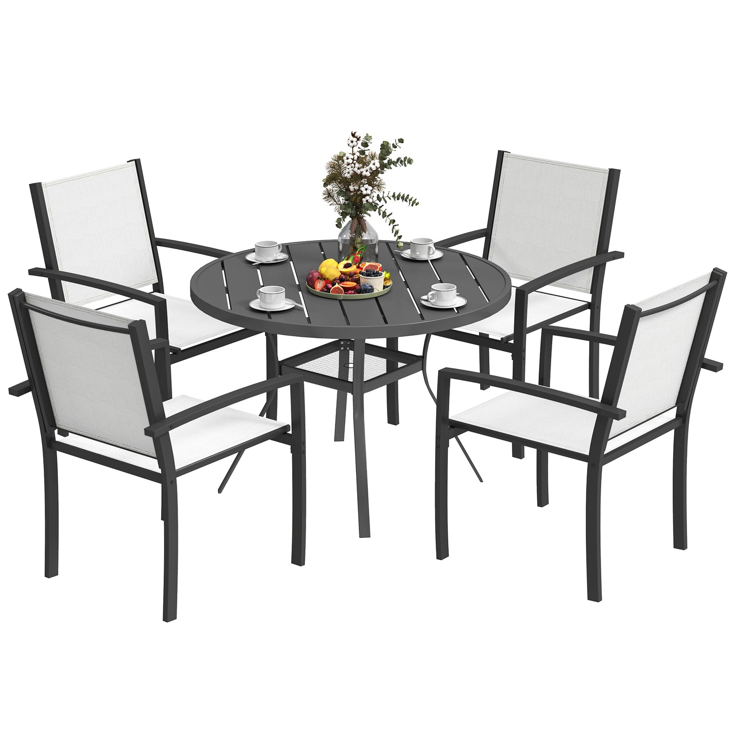 Outsunny 5 Piece Outdoor Dining Set with Round Table and 4 Stackable Chairs, for Garden, Lawn, Patio, Balcony and Poolside