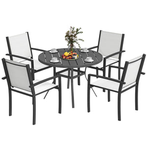 Ensemble de salle à manger d'extérieur 5 pièces avec table ronde et 4 chaises empilables, pour jardin, pelouse, terrasse, balcon et bord de piscine