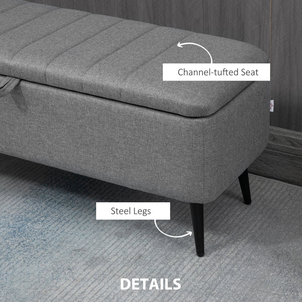 Pouf avec rangement rembourré en lin avec pieds en acier, gris
