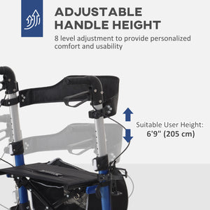Déambulateur pliable léger avec grand siège, dossier et poignée réglable bleu