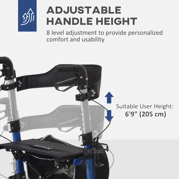 Déambulateur pliable léger avec grand siège, dossier et poignée réglable bleu