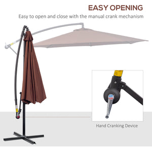 Parasol de terrasse Deluxe 3 m déporté suspendu avec manivelle, base en croix, couleur café