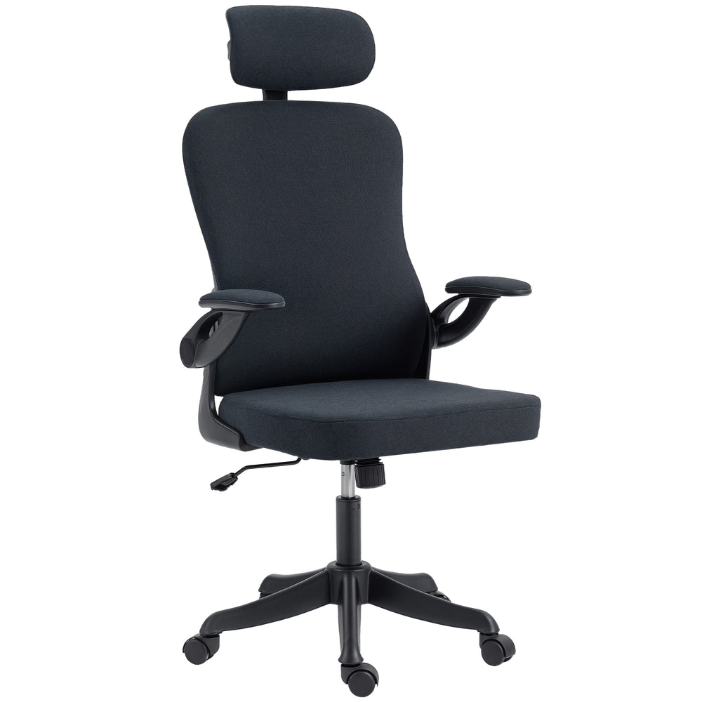 Chaise de bureau ergonomique pivotante avec soutien lombaire, appui-tête et hauteur réglables, accoudoirs relevables, noire