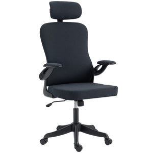 Ergonomic swivel office chair with lumbar support, adjustable headrest and height, flip-up armrests, black