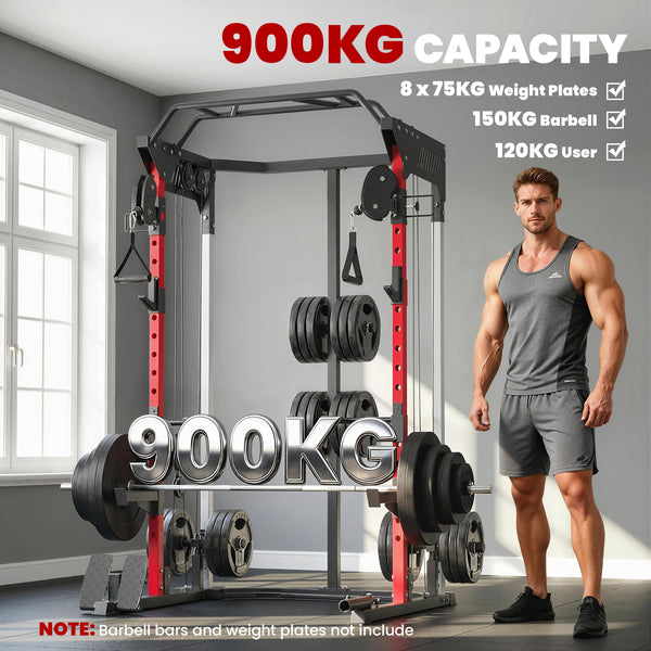 Cage de musculation avec système de poulies réglables, barre de traction, station de dips, barre de traction Landmine