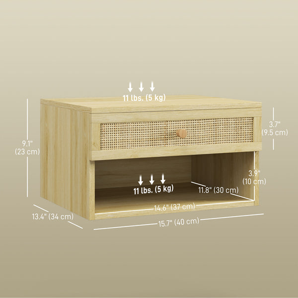 Ensemble de 2 tables de chevet murales flottantes avec tiroir en rotin – Bois naturel