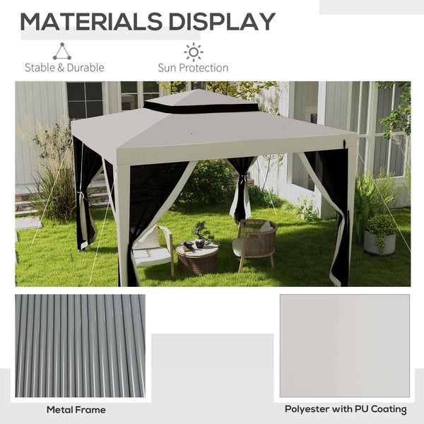 Gazebo 10' x 10' avec filet en maille et toit à deux niveaux pour jardin, terrasse, blanc crème