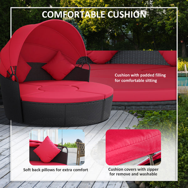 Canapé-lit 4 pièces avec auvent rétractable, rouge