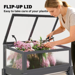 Jardinière surélevée avec dessus de serre relevable, bac à plantes surélevé en bois avec pieds et doublure, gris