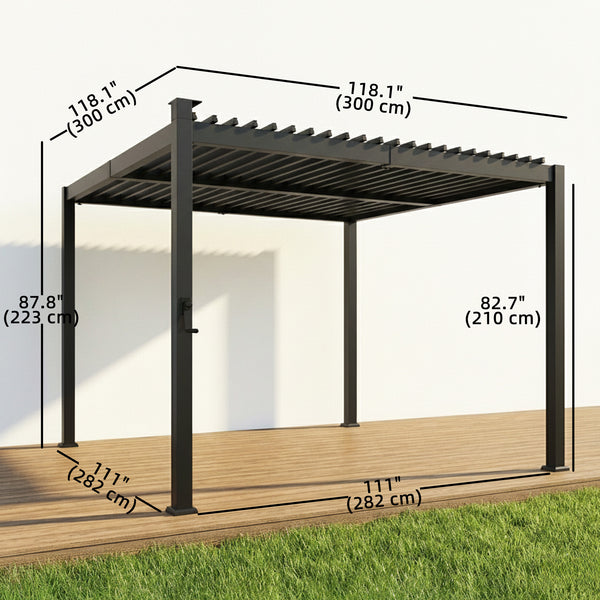 Pergola 10 x 10 à lames orientables avec éclairage solaire LED avec gouttières de drainage, noire
