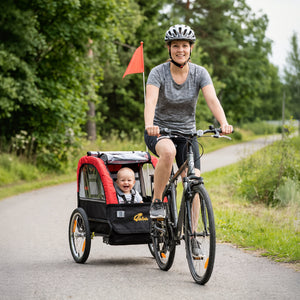 Remorque vélo enfant avec harnais 5 points, roues en caoutchouc 16 pouces, sac de rangement, à partir de 18 mois, rouge.
