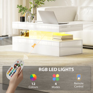 Table basse LED avec 2 tiroirs et étagère ouverte, blanc brillant