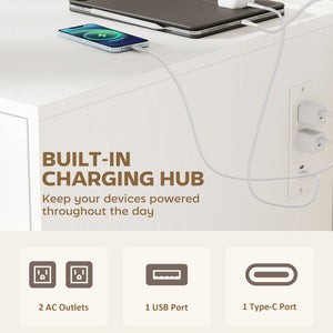 55" L-Shaped Desk with Outlets and Drawers, White