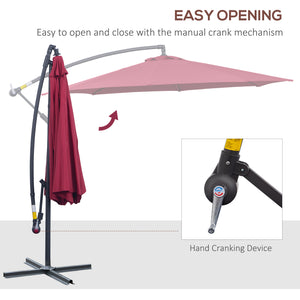 Parasol de terrasse de 10', suspendu déporté avec manivelle, base croisée, rouge vin