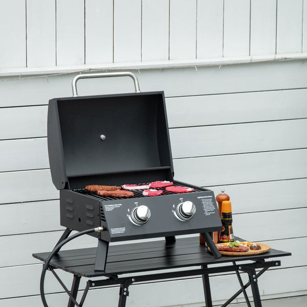 2 Burner Propane Gas Grill, Outdoor Portable Tabletop BBQ with Foldable Legs, 10000 Each Burner, Lid, for Camping, Picnic, Backyard, Black