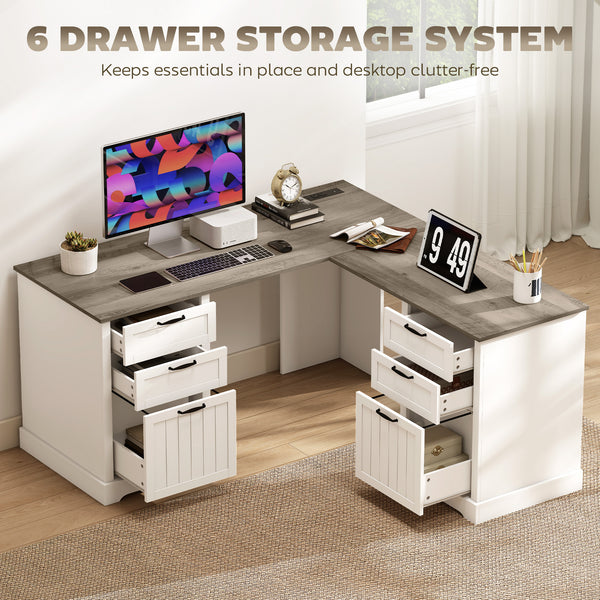 L Shaped Computer Desk with Power Outlets & USB Charging, Corner Desk with 6 Drawers, Hanging Bar, Brown and White