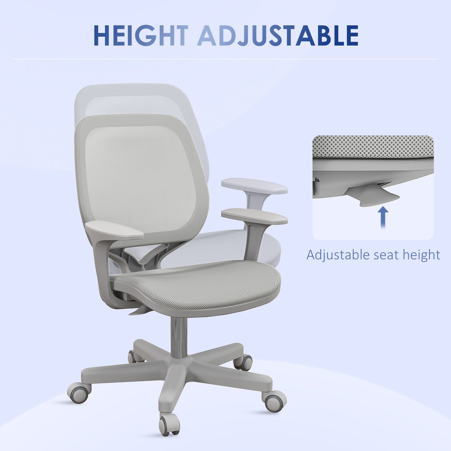 Office chair with mesh back, safety swivel casters, armrests, gray