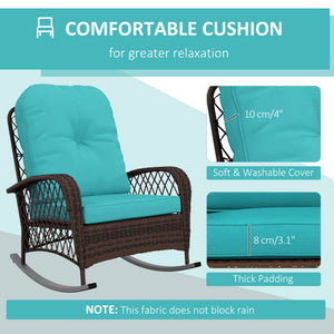 Outdoor Wicker Rattan Rocking Chair Patio Rocker with Thick Cushions for Garden Backyard Porch, Turquoise