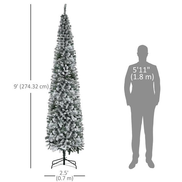 Sapin de Noël givré vert de 9 pieds en forme de crayon