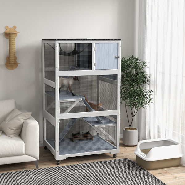 Enclos pour chats sur roulettes avec hamac et plusieurs plateformes de repos, gris