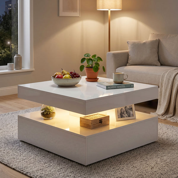 Table basse LED avec rangement à 2 niveaux avec étagère ouverte et télécommande pour salon, blanc brillant